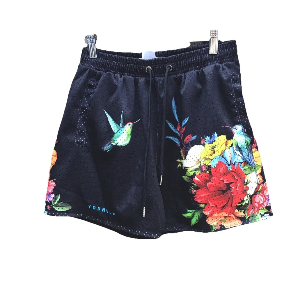 YoungLA Floral Hummingbird Mesh Gym Shorts Men's Small Black 4" Inseam